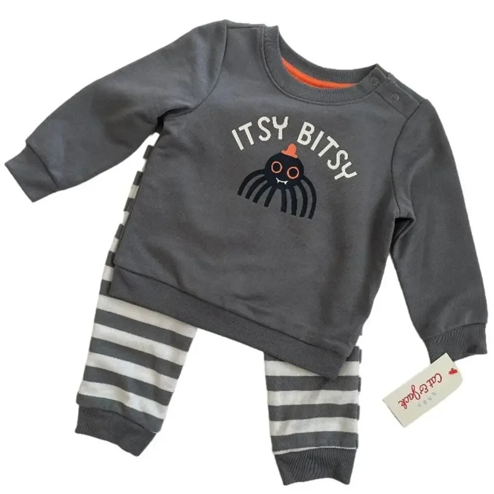 Cat & Jack Baby Unisex Gray Spider Itsy Bitsy Halloween Sweatshirt Pants Set 12M